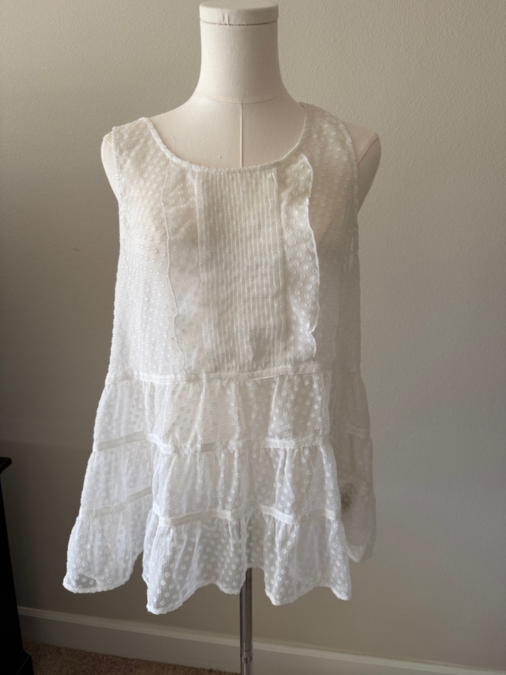 Anthropologie Ivory Swiss Dot Tiered Ruffle Tank